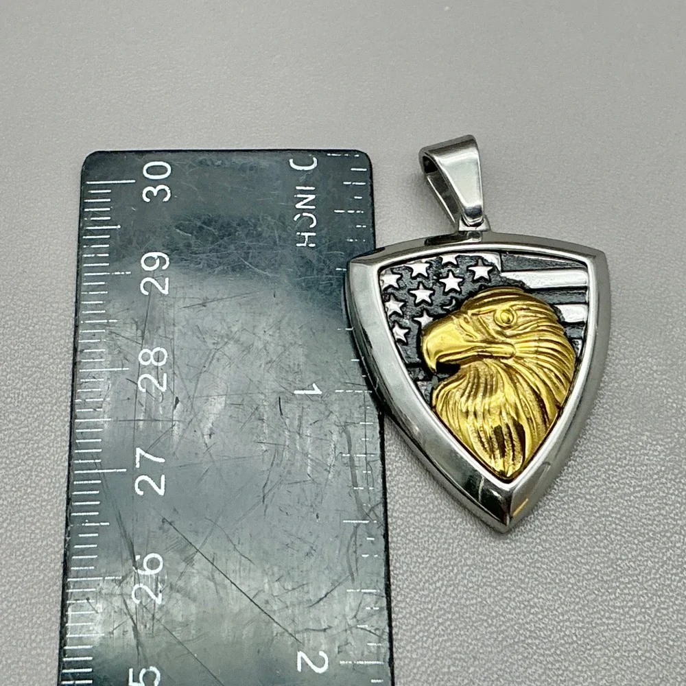 Stainless Steel Bald Eagle American Flag Shield Pendant Gold Tone Patriotic
